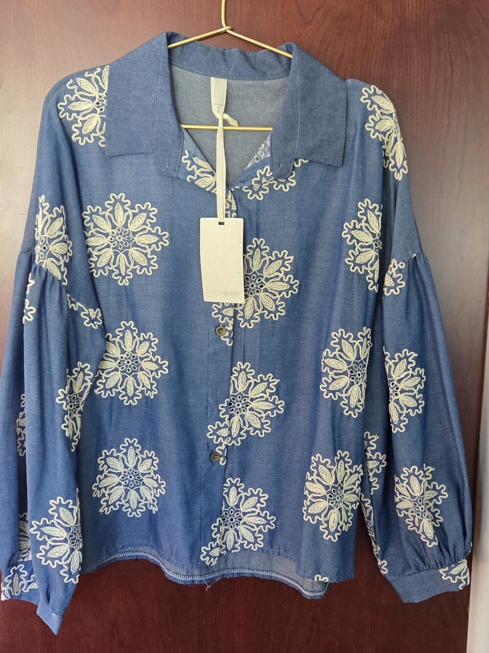 Embroidered Blue Button-Down Women’s Top